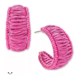 On 34th Earrings. Pink Raffia C-hoop with Seeded bead edging. 1.25 in. NWT